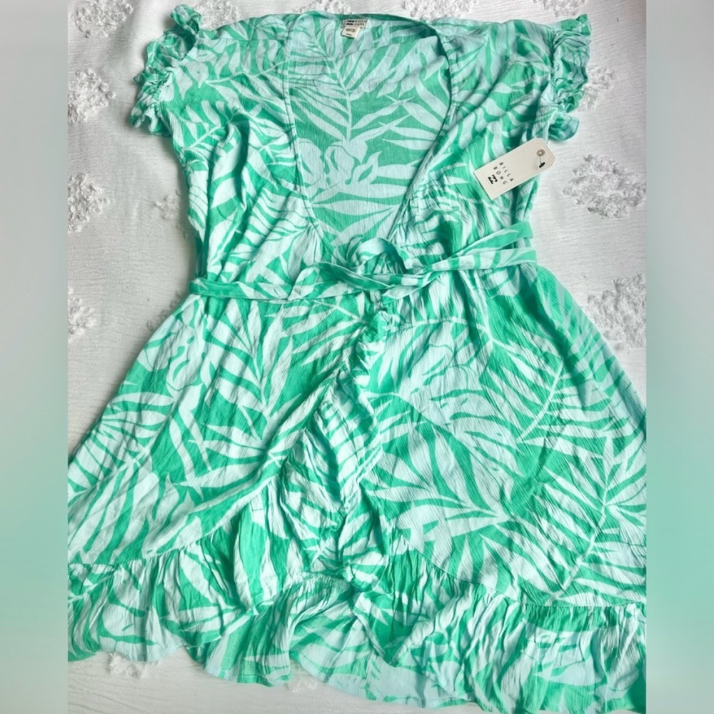 Billabong Wrap Women’s Mini Dress Tropical Teal Green Palm Leaves Print - Picture 2 of 5